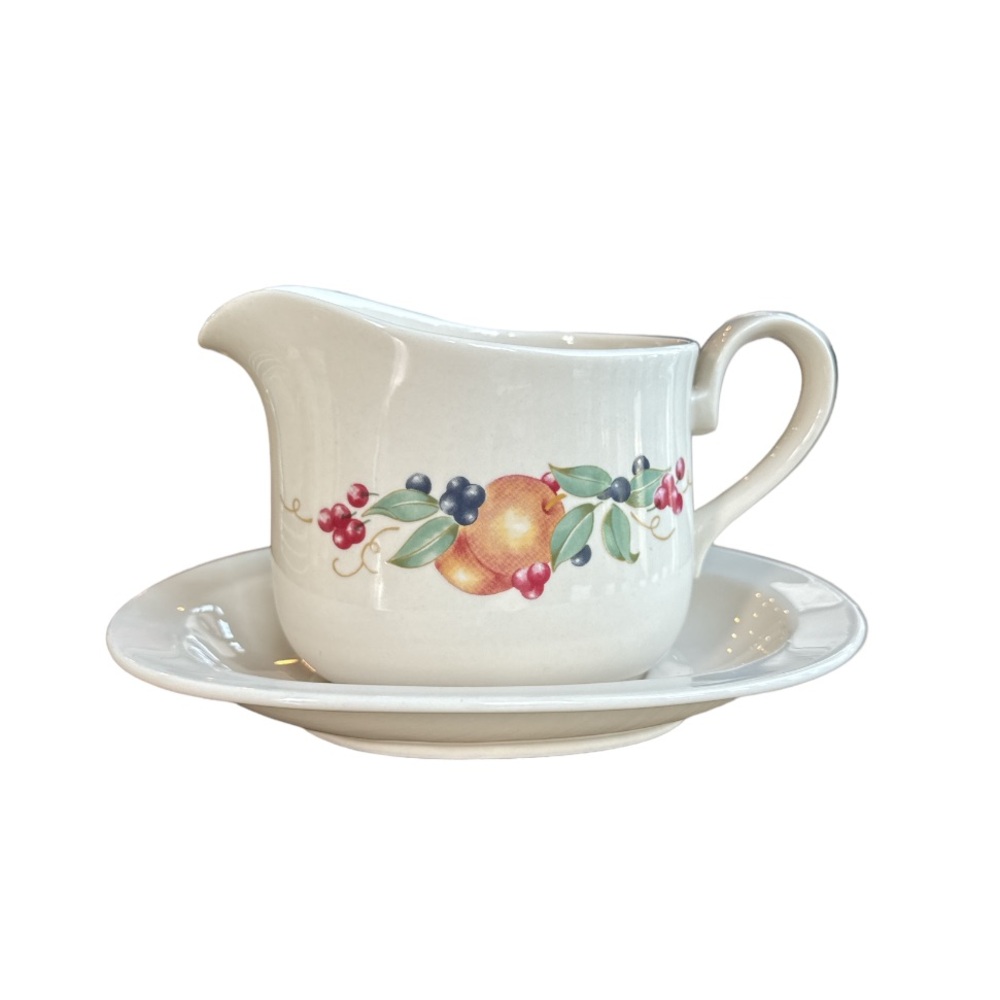 Vintage Corning Gravy Boat and Under-plate Abundance pattern Fruit and floral